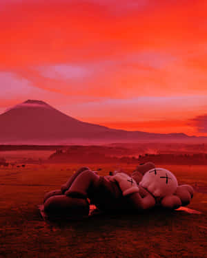 一個巨大的KAWS毛絨玩具在夕陽下休息，背景是富士山。