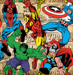 經典漫畫超級英雄在復古Marvel背景上擺出動感姿勢。