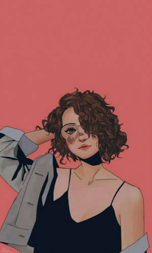 一位時尚女性，擁有捲曲頭髮和眼鏡，穿著西裝外套和黑色上衣，站在粉紅色背景前。 — 藝術 壁紙