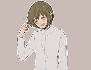 短棕髮的動畫女孩臉紅並緊張地撥弄頭髮。 — 東京喰種角色 壁紙