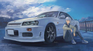 動漫男孩坐在銀色跑車旁邊，天空多雲，黃昏時分。