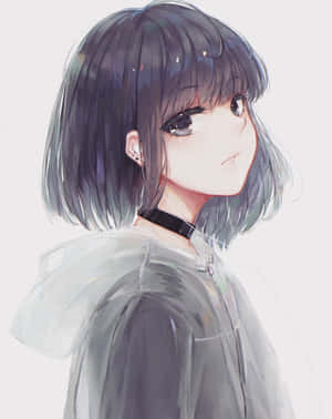 短黑髮戴耳機的動漫女孩穿著透明連帽衫。 — 可愛動漫女仔 壁紙