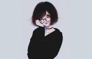 短黑髮戴眼鏡的動漫女孩將下巴擱在手上。