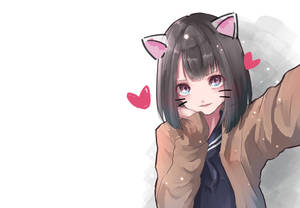 擁有貓耳和粉紅色心形的動漫女孩正在自拍。 — 可愛動漫女仔 壁紙