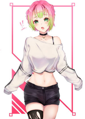 粉紅色和綠色頭髮的動漫女孩，穿著白色露臍上衣和黑色短褲