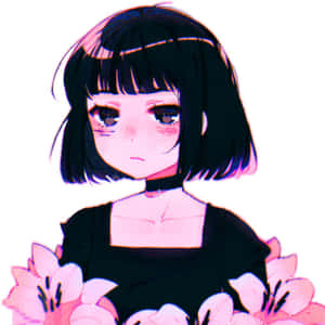 短黑髮的動漫女孩在白色背景前手持粉紅百合。 — 粉紅動漫美學 壁紙
