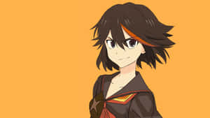 短黑髮帶橙色挑染的動漫女孩穿著校服在橙色背景上。 — 動漫打鬥 壁紙