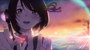 動漫女孩在發光的日落天空下拿著筆，天空中有雲朵。 — 你的名字 GIF 壁紙