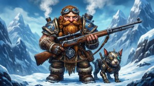蒸氣龐克矮人、步槍和機械貓在雪山中。 — 魔獸世界 壁紙