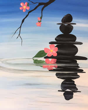 水邊黑色疊石、粉紅櫻花及其倒影。
