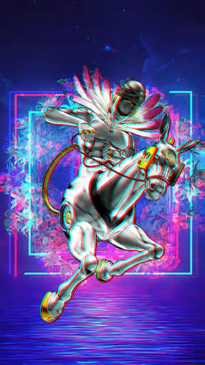 在霓虹宇宙場景中騎著發光馬的賽博龐克戰士