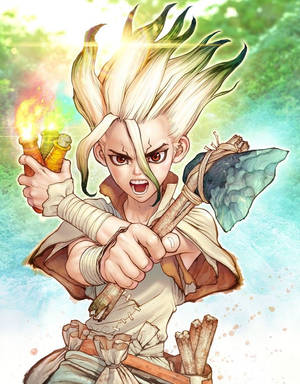 動漫戰士，尖刺頭髮，以動態姿勢手持火炬和斧頭。