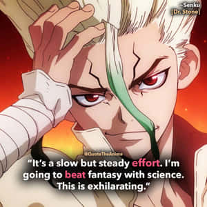 來自《Dr. Stone》的動漫角色千空，帶有堅定的表情和文字疊加。