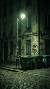 一盞孤獨的街燈在夜間照亮了塗鴉覆蓋的都市小巷。
