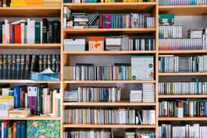 圖書館中裝滿書籍和CD的木架。