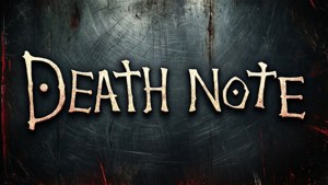 喺刮花嘅深色金屬表面上帶有紅色污漬嘅 Death Note 標題標誌。