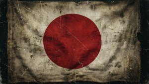 破舊的日本國旗，在陳舊布料上有紅色圓圈。