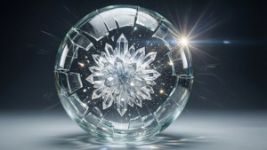 破碎玻璃球體包含發光晶體雪花，帶有星光和鏡頭光暈。