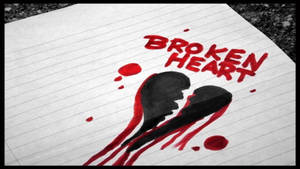 橫線紙上帶有紅色飛濺和文字「BROKEN HEART」的破碎心臟插圖。 — 心碎 GIF 壁紙