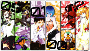 Neon Genesis Evangelion 的動漫角色和機甲以漫畫風格拼貼。