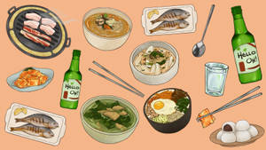 一系列韓國菜餚和飲品，包括烤肉、魚湯和啤酒。