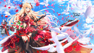 動漫女孩穿著紅色連衣裙，與玫瑰和白鴿在天空中與飛機一起飛翔。