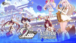 動畫角色在裝飾有樂器和氣球的軍艦上慶祝Azur Lane兩週年。