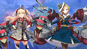 兩個穿著海軍服裝嘅動漫女仔喺數碼海洋場景中同戰艦擺姿勢。