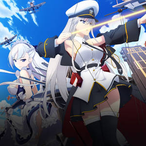 兩名身穿海軍制服嘅動畫女仔從軍艦上發射激光，飛機喺頭頂飛過。 — 碧藍航線 壁紙