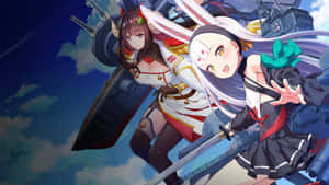 兩個著海軍制服戴兔耳嘅動漫女仔喺戰艦背景下擺甫士。