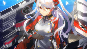 白髮紅眼動漫女孩穿著海軍制服站在戰艦零件中。