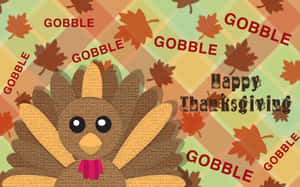 一隻戴著粉紅色蝴蝶結的卡通火雞，帶有「Happy Thanksgiving」和「Gobble」文字，背景為格子秋葉圖案。