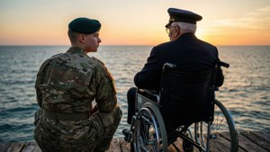 年輕士兵和坐輪椅的退伍軍人從碼頭觀看海上日落