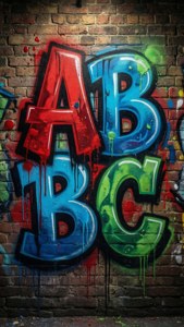 磚牆上紅色、藍色和綠色的塗鴉字母ABC，帶有油漆滴落