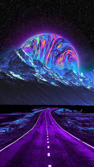 紫色道路通向雪山，上方是色彩繽紛的發光星球。