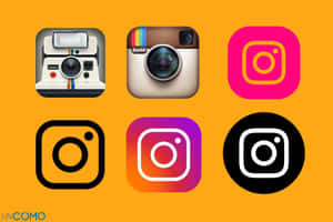 橙色背景上六個不同風格和顏色的 Instagram 應用程式標誌