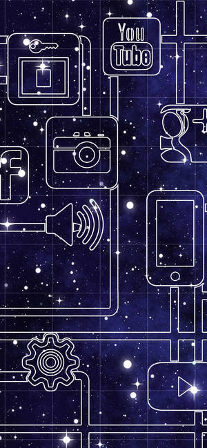 YouTube 和 Facebook 等數位圖示漂浮在繁星點點的夜空中。 — Samsung S23 Ultra 壁紙