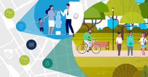 插圖公園，人們在樹木和長椅附近騎單車和步行，並有地圖疊加層。