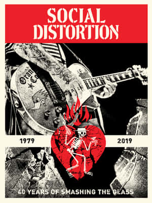 一個骷髏彈結他，帶有火焰心形標誌，慶祝 Social Distortion 40 週年。 — 音樂美學 壁紙