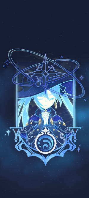 動漫女孩穿著發光的藍色服裝，戴著星星帽子，被宇宙符號框住。