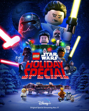 LEGO 星際大戰角色在雪地節日場景中，配有光劍和節日裝飾。