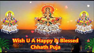 日落時分天鵝上的三位印度教女神，附有Chhath Puja祝福文字。