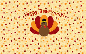 戴著朝聖者帽子的卡通火雞被秋葉環繞，附有Happy Turkey Day文字。