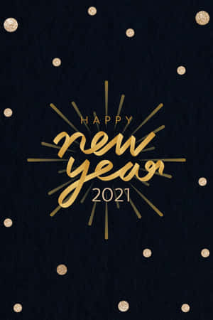 Happy New Year 2021 祝福語，金色文字同閃粉圓點喺海軍藍色背景上。 — 節日 GIF 壁紙