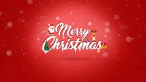 紅色背景上的 Merry Christmas 文字與聖誕老人馴鹿、樹和鈴鐺