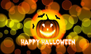 Happy Halloween 文字搭配發光的傑克南瓜燈和蝙蝠，背景為溫暖的散景。