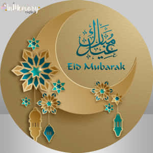 Eid Mubarak 祝福，帶有金色和青綠色的新月、星星和燈籠。 — iPad Pro 12.9 壁紙