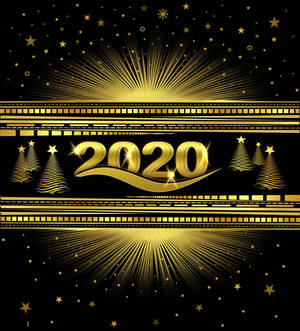 金色2020新年圖形，帶有星爆和樹木，背景為黑色