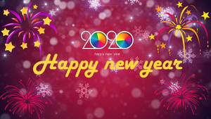 新年快樂2020，紅色背景上有煙火、雪花和彩虹數字