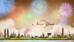 全球地標在色彩繽紛的新年煙花下，帶有「Happy New Year」文字。